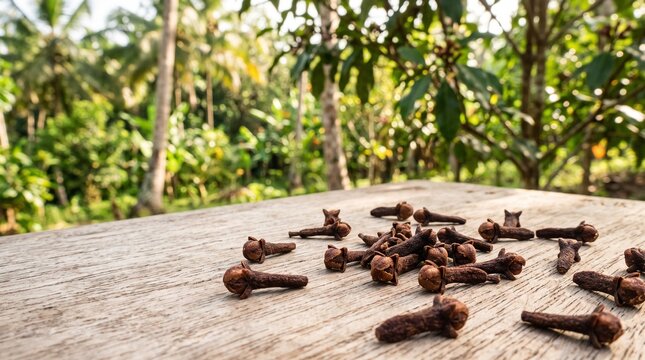 Fresh aromatic cloves scattered naturally on a light wooden tabletop, softly blurred tropical spice plantation background