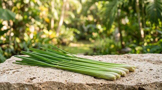Fresh lemongrass stalks neatly arranged on a beige limestone surface premium botanical photography