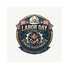 Fototapeta premium Premium editable vector Labor Day typography badge featuring hard hat, gears, stars, maple-leaf, USA-flag-ribbon. 