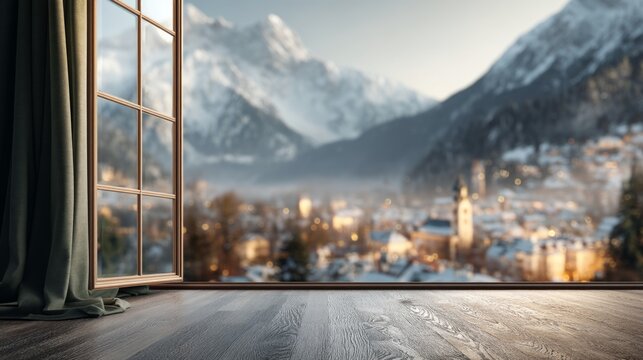 Open window view of snowy mountain village with wooden floor foreground
