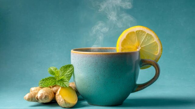 Hot beverage in blue ceramic cup with lemon slice and fresh mint leaves, accompanied by ginger root on a vibrant turquoise background