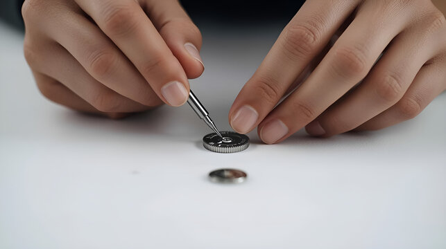 Close-up of hands carefully assembling a small electronic device with tiny tools.