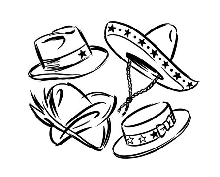 Hat collection, cowboy hat, sombrero, feather hat, costume accessories, line art, ink drawing, sketch, headwear icons, apparel design