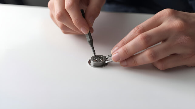 Close-up of hands carefully assembling a small electronic component with tweezers on a white surface.