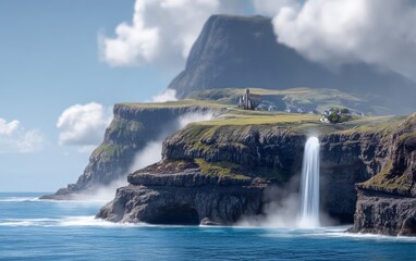 Obraz premium Stunning coastal cliff with waterfall and misty mountain under blue sky