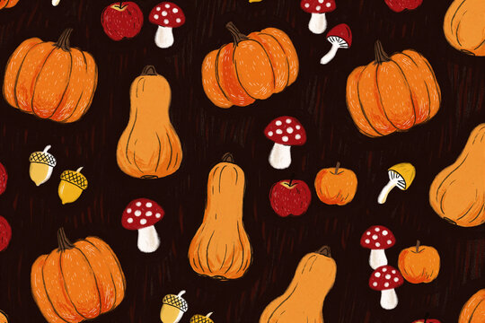 Hand Drawn Autumn Pattern with Pumpkins, Gourds, Mushrooms, Apples and Acorns