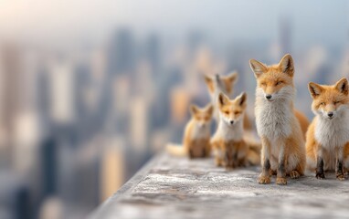 Fototapeta premium Curious fox standing on urban rooftop with blurred cityscape background