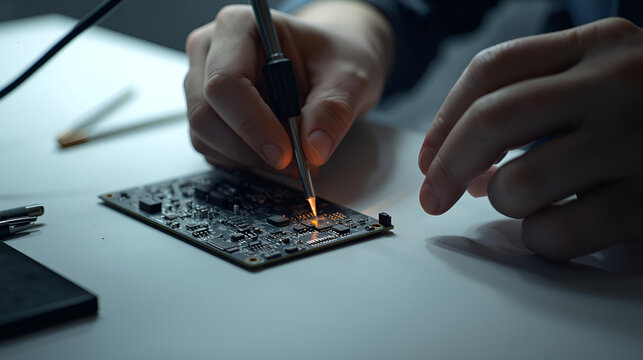 Close-up of hands soldering a circuit board with a soldering iron, demonstrating electronics repair.