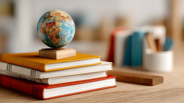 Small globe on stack of books on wooden desk in blurred study room setting