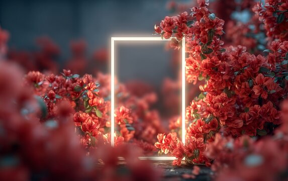 Glowing rectangular frame surrounded by vibrant red flower blossoms in soft focus