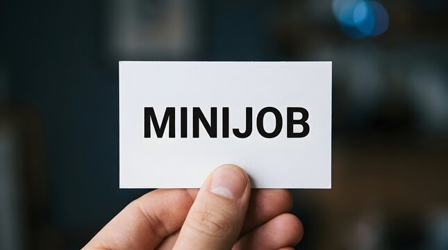 Person holding white business card with minijob text against blurred background.
