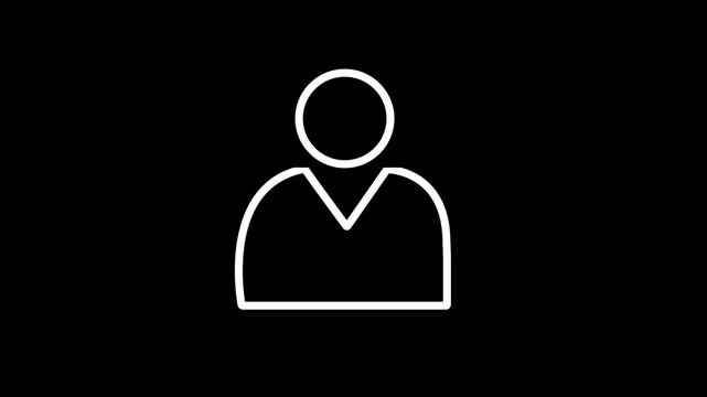 Modern white outline line art user icon animation featuring person silhouette profile symbol drawing on isolated black background