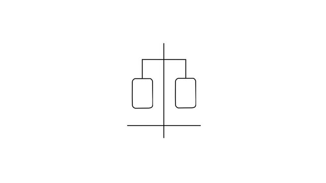 Black outline line style balance scale icon animation showing law and justice legal court symbol drawing on white background