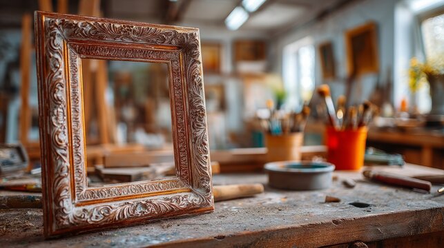 Ornate empty vintage frame on wooden table in artist studio workspace