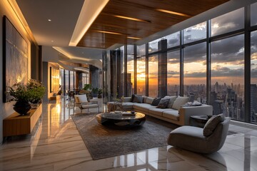 Fototapeta premium luxury contemporary penthouse living room with panoramic floor to ceiling windows, breathtaking city skyline sunset views, elegant modern furnishings and sophisticated high rise residential interior
