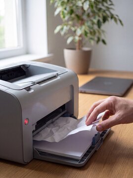 Hand pulling crumpled jammed paper from a home office printer with a red status light on