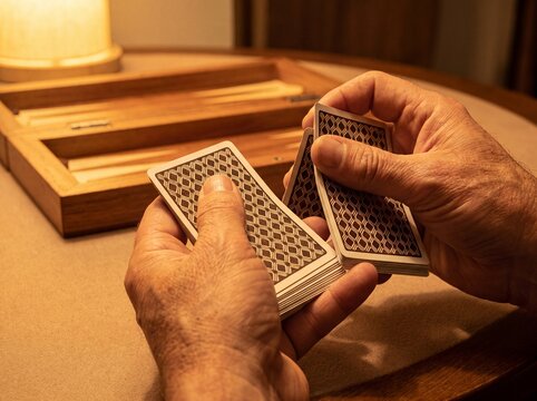 Hands shuffling a patterned deck of cards next to an open wooden board game box