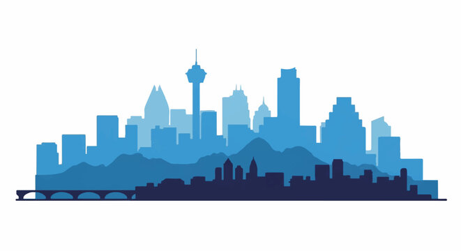 Blue city skyline silhouette with mountains and bridge