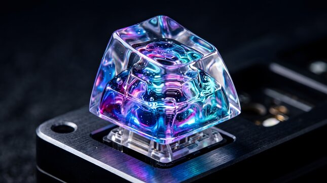 Glowing clear mechanical keyboard keycap on a dark desk