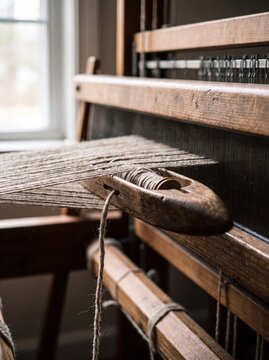 Wooden weaving shuttle mid-pass through warp threads on a traditional wooden floor loom