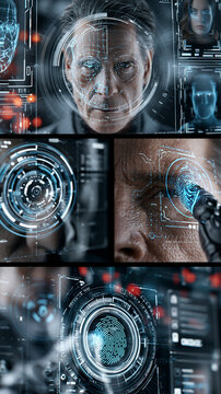 AI generator images of Futuristic digital identity exchange featuring biometric authentication, facial recognition holograms, fingerprint scanning, secure identity vaults and encrypted profiles