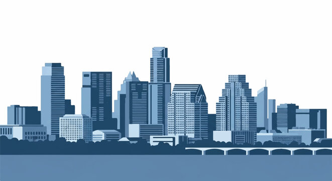 Blue city skyline with skyscrapers and bridge reflecting on water