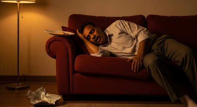 Exhausted man lying down on red couch at night under floor lamp illumination in messy room