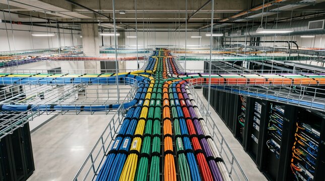 High-angle view of organized colorful network cabling in modern data center infrastructure
