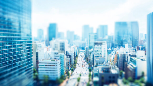 ビル群と青空が広がる都会の風景をミニチュア風に描いた背景素材
