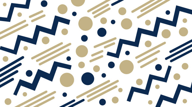 Geometric memphis pattern with zigzag lines straight stripes and circles in navy and gold.