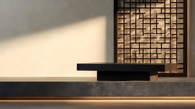 Dark wooden product platform showing clear depth across the frame