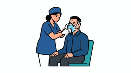 Fototapeta premium Medical nurse putting oxygen mask on patient, healthcare professional assisting elderly man with breathing equipment, clinical respiratory care vector