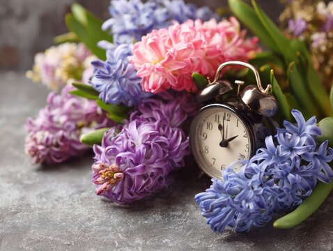 A vintage analog alarm clock placed next to a vibrant arrangement of fresh pink, purple, and blue hyacinth flowers on a textured dark stone background.