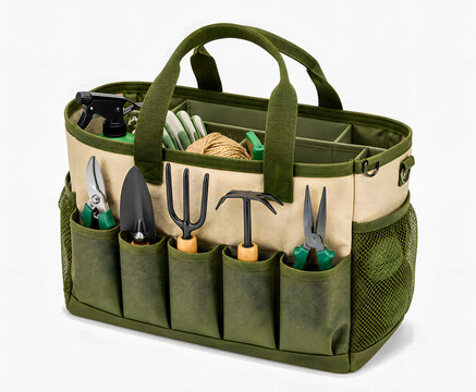 Gardening tool bag with assorted tools in green and beige colors  