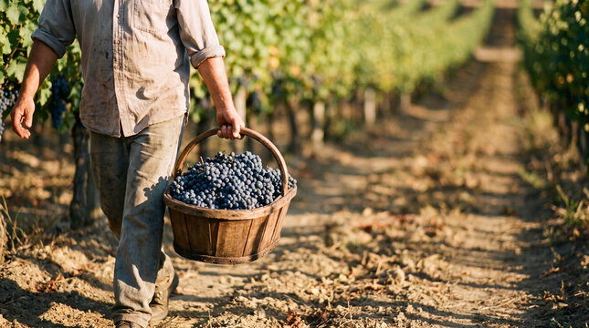 Man carrying basket of grapes while walking in vineyard
