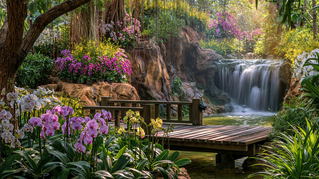 AI-generated images of an indoor orchid garden landscape featuring a waterfall and a wooden bridge. High-quality cinematic photography, garden with orchids, wooden bridge, and beautiful waterfall 