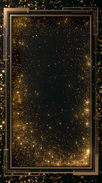 Creative Black Friday flyer template with dramatic black background, glowing gold confetti, elegant metallic frame, stylish geometric accents.