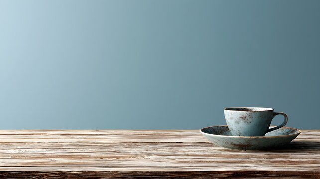 Minimalist small tea cup on a rustic table placed near the frame edge