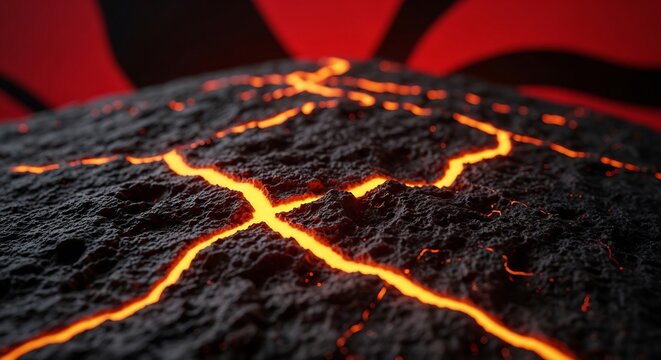Molten magma flowing through dark volcanic rock surface