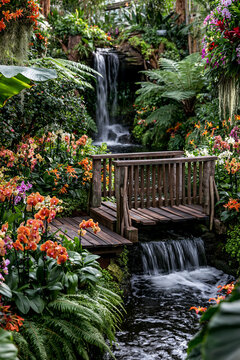 AI-generated images of an indoor orchid garden landscape featuring a waterfall and a wooden bridge. High-quality cinematic photography, garden with orchids, wooden bridge, and beautiful waterfall 
