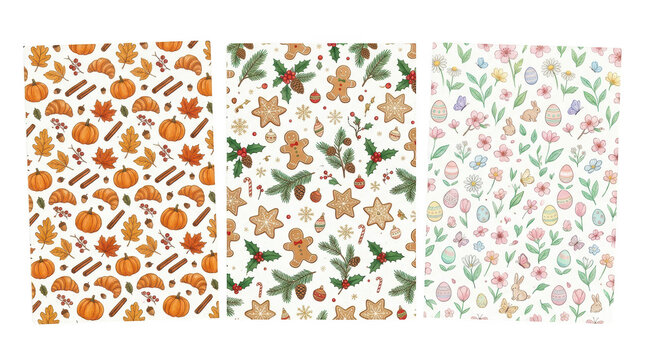 Seamless patterns set with autumn, christmas, and easter themes isolated on transparent background