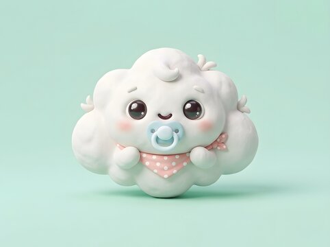 Sweet infant newborn 3D cloud character sucking a pink pacifier dummy on light green pastel backdrop