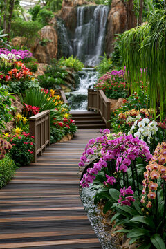 AI-generated images of an indoor orchid garden landscape featuring a waterfall and a wooden bridge. High-quality cinematic photography, garden with orchids, wooden bridge, and beautiful waterfall 