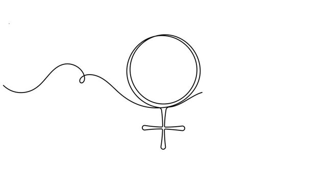 Continuous one line drawing of Venus female symbol icon sign animation moving on white background minimalist monoline design feminism, gender equality and astrology video intros motion graphic