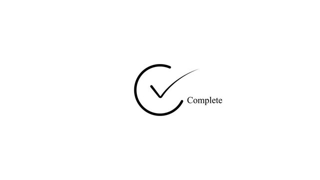 Minimalist black circular complete icon with checkmark indicator and text complete on white background