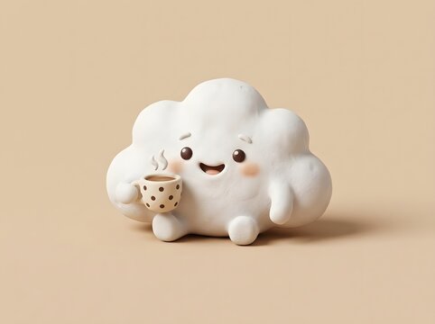 Relaxing morning cafe 3D cloud character drinking hot tea beverage from brown mug on beige background