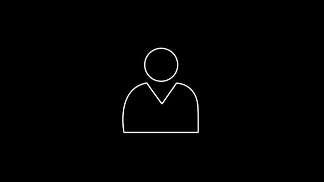 Modern white outline line art user icon animation featuring person silhouette profile symbol drawing on isolated black background