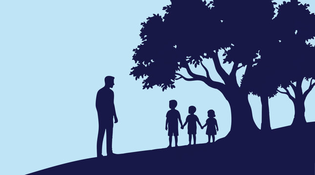 Father and three children silhouettes holding hands under large trees