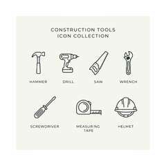Naklejka premium Minimalist outline construction tool icons featuring hammer drill saw wrench helmet measuring tape 