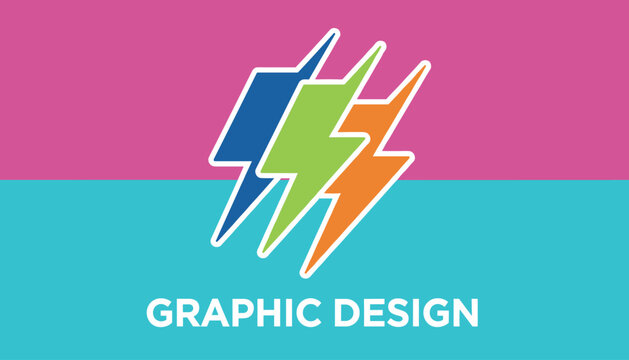 Graphic design promotion banner with three colorful overlapping lightning bolts on pink and teal split background.